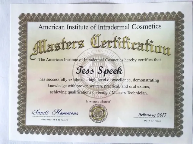 Tess Speek's Masters Certification from the American Institute of Intradermal Cosmetics, 2017
