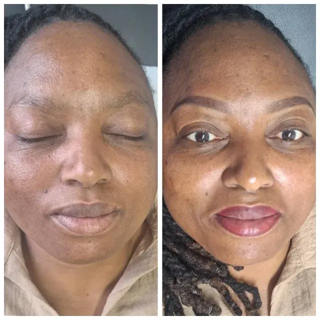 Before and after brows and lip blush on a client with deep skin