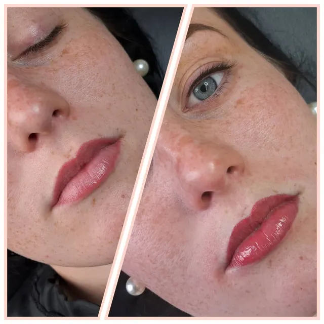 Healed lip blush next to the result after a touch-up