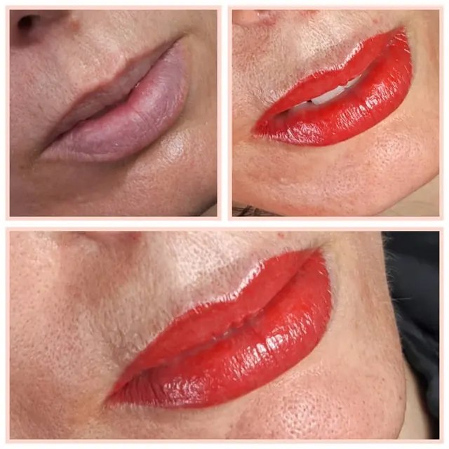 Lips before and after a bright red lip blush