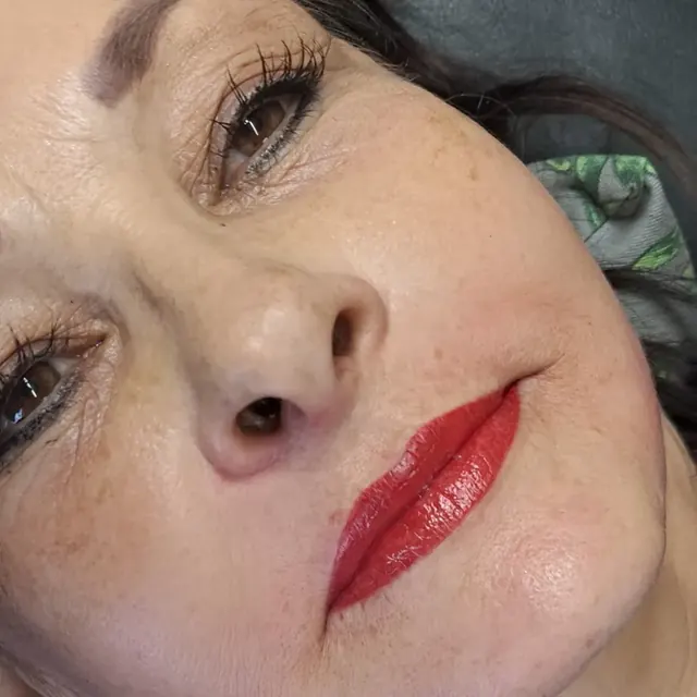 Client aged 70 with red lip blush