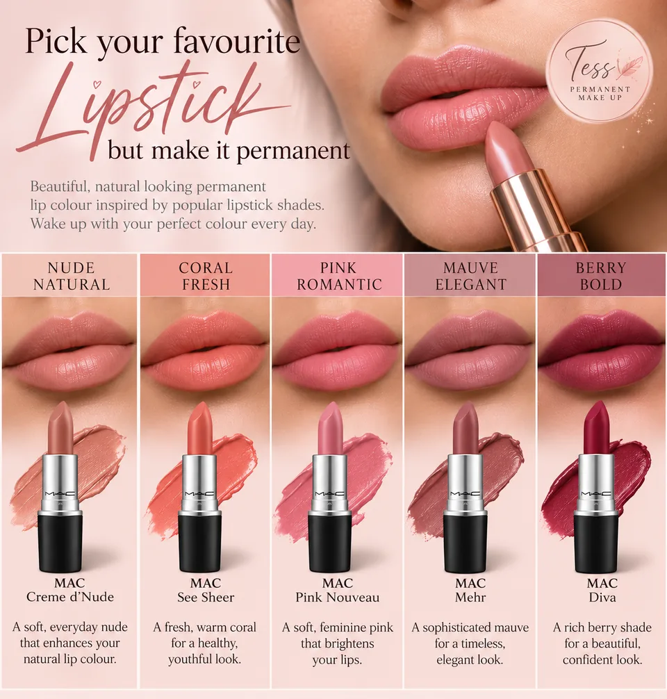 Lip blush shade guide: Nude Natural, Coral Fresh, Pink Romantic, Mauve Elegant and Berry Bold, each shown next to a matching lipstick