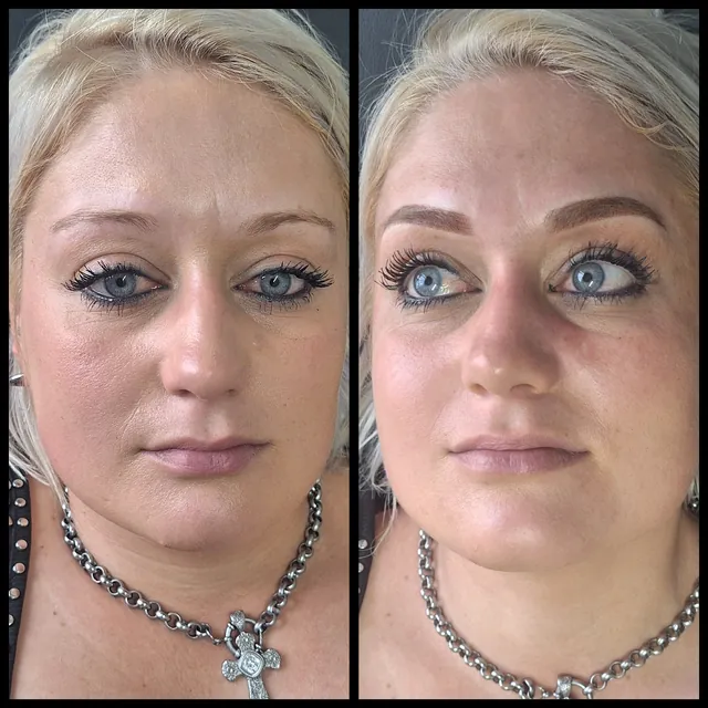 Before and after soft powder brows on a blonde client