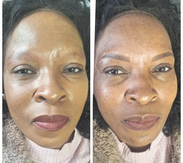 Before and after brows on a client with deep skin
