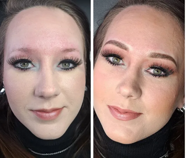 Before and after brows on a client wearing make-up