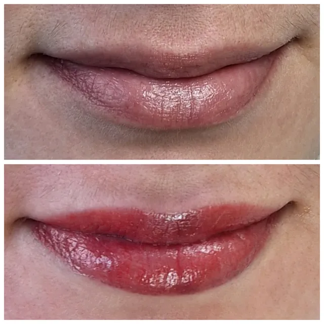 Lips before and after a red lip blush