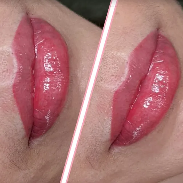 Lips before and after a pink lip blush by Tess PMU