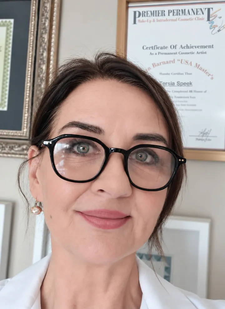 Tess Speek, permanent make-up artist in Pretoria East, in her studio