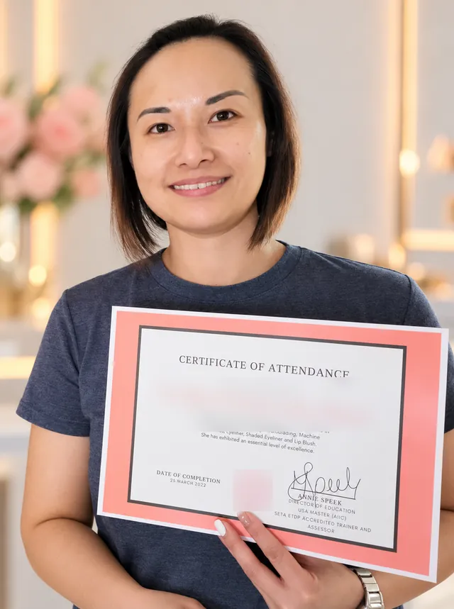 PMU student holding her certificate after training with Tess